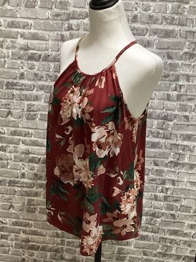 Papermoon Burgundy And Cream Floral Halter Tank With Keyhole Back, Womens Size M
